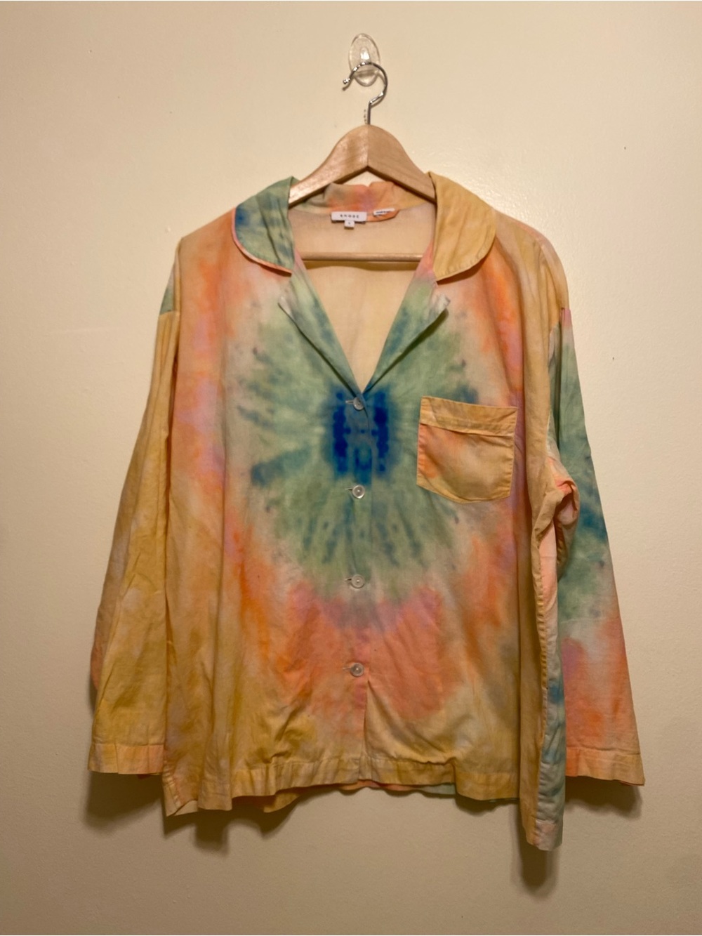 RHODE  Tie-Dye Button-Down Shirt in Pastel Green, Peach & Blue. Size S